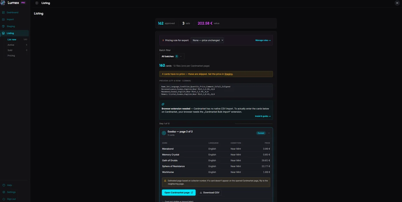 Lumex Pro — Cardmarket CSV export wizard with Bulk-Import browser extension callout
