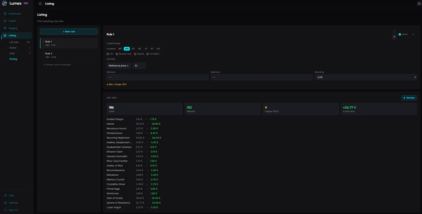 Lumex Pro — pricing rule editor with condition, reference-price multiplier and a dry-run simulation across 186 cards