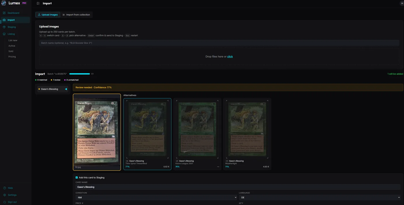 Lumex Pro — review wizard flagging Gaea's Blessing as review-needed at 77% confidence, with three ranked alternatives to pick from instead of silently guessing